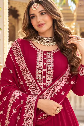 Magenta georgette semi stitched suit with embroidery & sequence work