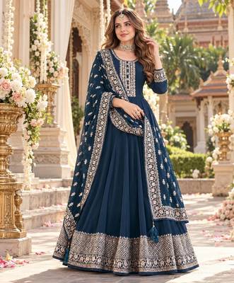 Navy georgette semi stitched suit with embroidery & sequence work 1