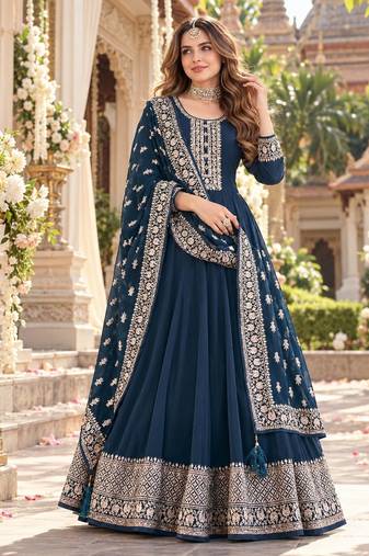 Navy georgette semi stitched suit with embroidery & sequence work