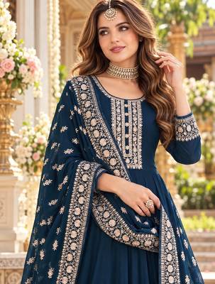 Navy georgette semi stitched suit with embroidery & sequence work 2