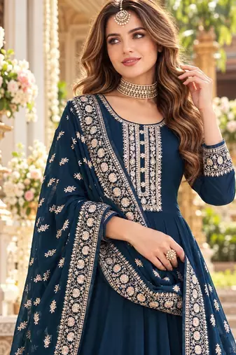 Navy georgette semi stitched suit with embroidery & sequence work