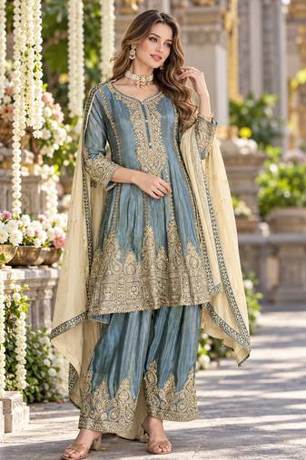 Blue organza semi stitched suit with embroidery & sequence work
