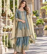 Blue organza semi stitched suit with embroidery & sequence work