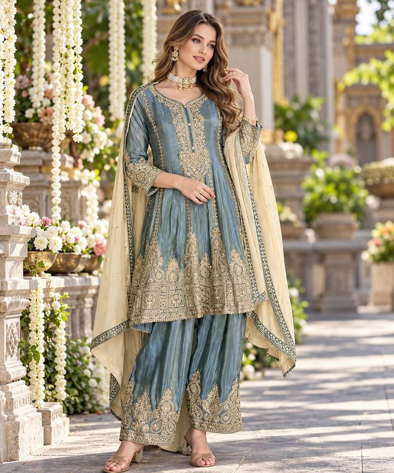 Blue organza semi stitched suit with embroidery & sequence work