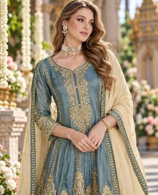 Blue organza semi stitched suit with embroidery & sequence work 2