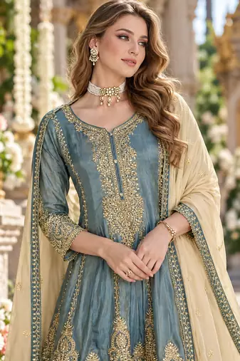 Blue organza semi stitched suit with embroidery & sequence work