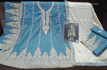 Blue organza semi stitched suit with embroidery & sequence work 3