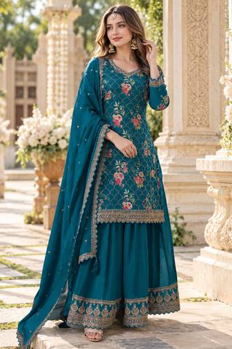 Blue chinon semi stitched suit with embroidery & sequence work