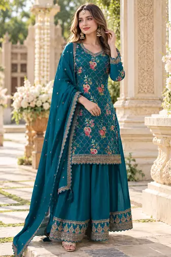 Blue chinon semi stitched suit with embroidery & sequence work