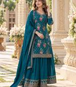 Blue chinon semi stitched suit with embroidery & sequence work