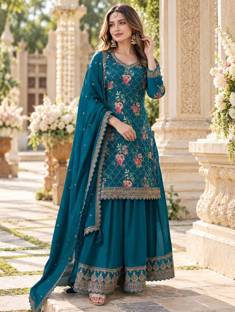 Blue chinon semi stitched suit with embroidery & sequence work