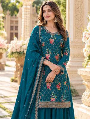 Blue chinon semi stitched suit with embroidery & sequence work 2