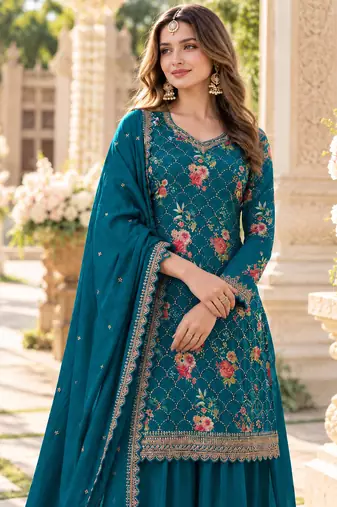 Blue chinon semi stitched suit with embroidery & sequence work