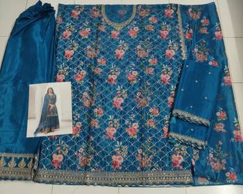 Blue chinon semi stitched suit with embroidery & sequence work 3