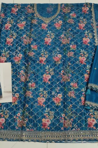 Blue chinon semi stitched suit with embroidery & sequence work