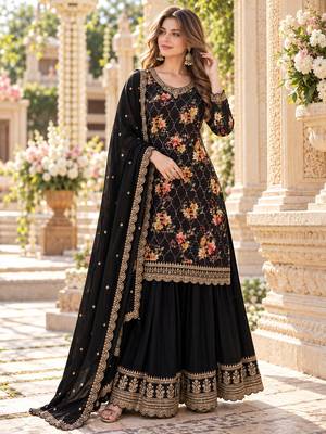 Black chinon semi stitched suit with embroidery & sequence work 1