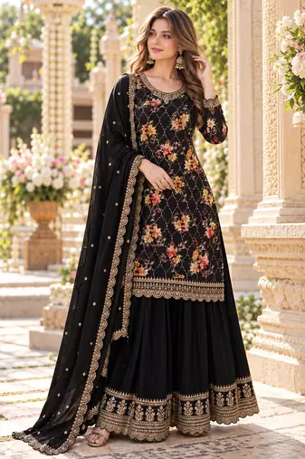 Black chinon semi stitched suit with embroidery & sequence work