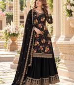 Black chinon semi stitched suit with embroidery & sequence work