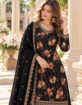 Black chinon semi stitched suit with embroidery & sequence work 2