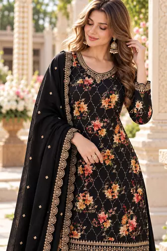 Black chinon semi stitched suit with embroidery & sequence work