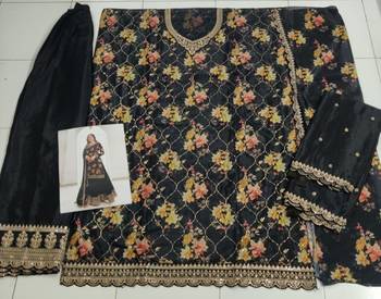 Black chinon semi stitched suit with embroidery & sequence work 3