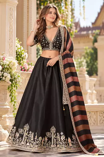 Black Art Silk Semi Stitched Lehenga Choli with Embroidery Work