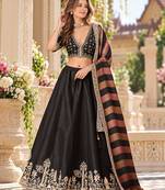Black Art Silk Semi Stitched Lehenga Choli with Embroidery Work