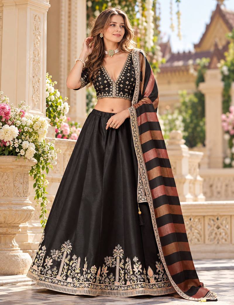 Black Art Silk Semi Stitched Lehenga Choli with Embroidery Work