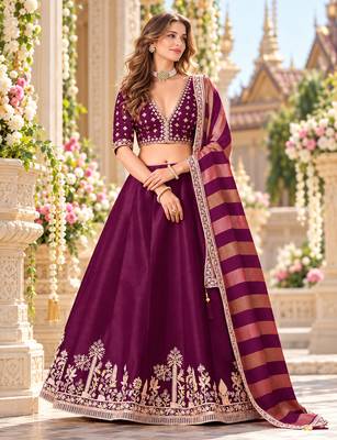 Wine Art Silk Semi Stitched Lehenga Choli with Embroidery Work 1