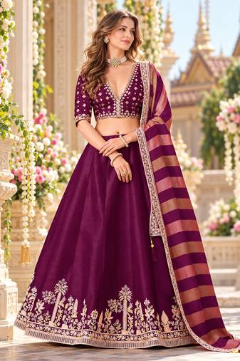 Wine Art Silk Semi Stitched Lehenga Choli with Embroidery Work
