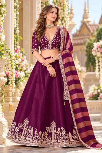Wine Art Silk Semi Stitched Lehenga Choli with Embroidery Work