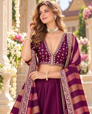 Wine Art Silk Semi Stitched Lehenga Choli with Embroidery Work 2