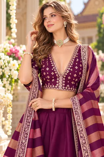 Wine Art Silk Semi Stitched Lehenga Choli with Embroidery Work