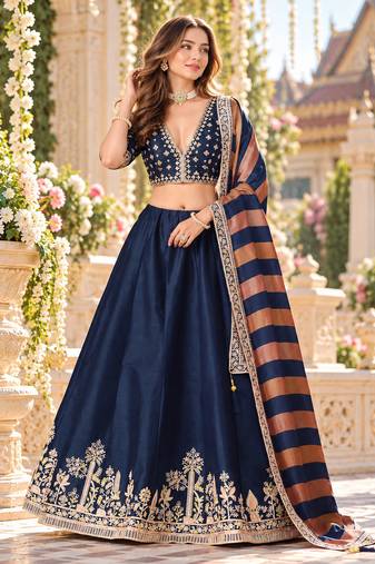 Navy Art Silk Semi Stitched Lehenga Choli with Embroidery Work