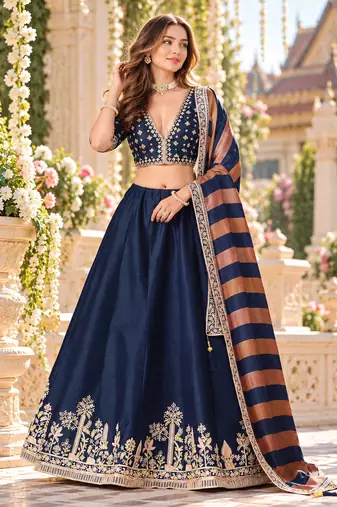 Navy Art Silk Semi Stitched Lehenga Choli with Embroidery Work