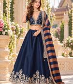 Navy Art Silk Semi Stitched Lehenga Choli with Embroidery Work