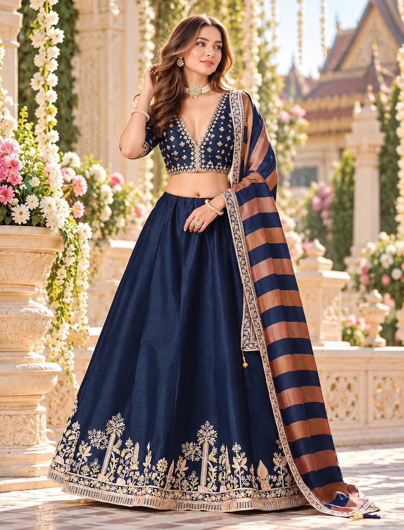 Navy Art Silk Semi Stitched Lehenga Choli with Embroidery Work