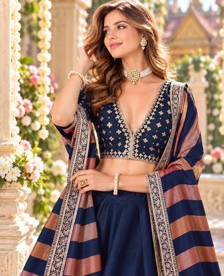 Navy Art Silk Semi Stitched Lehenga Choli with Embroidery Work 2