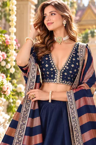 Navy Art Silk Semi Stitched Lehenga Choli with Embroidery Work
