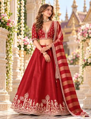 Red Art Silk Semi Stitched Lehenga Choli with Embroidery Work 1