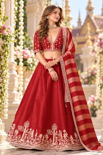 Red Art Silk Semi Stitched Lehenga Choli with Embroidery Work