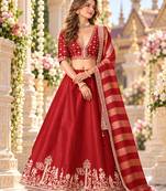 Red Art Silk Semi Stitched Lehenga Choli with Embroidery Work