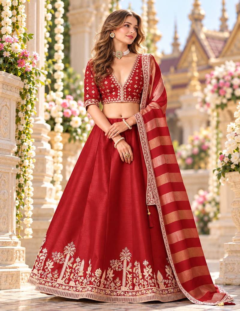 Red Art Silk Semi Stitched Lehenga Choli with Embroidery Work