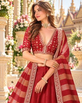Red Art Silk Semi Stitched Lehenga Choli with Embroidery Work 2