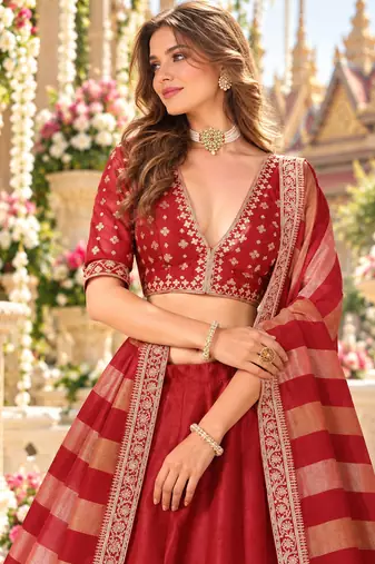Red Art Silk Semi Stitched Lehenga Choli with Embroidery Work