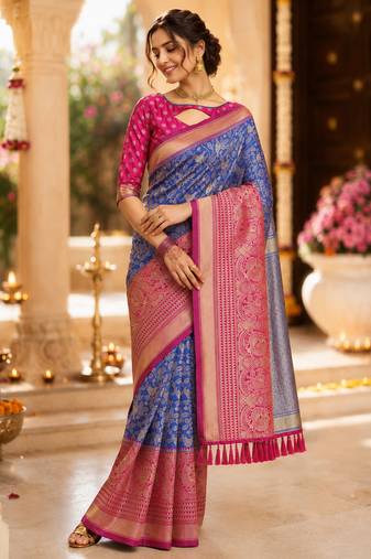 royal blue jacquard saree with silver zari weaving     elegant party wear ethnic saree