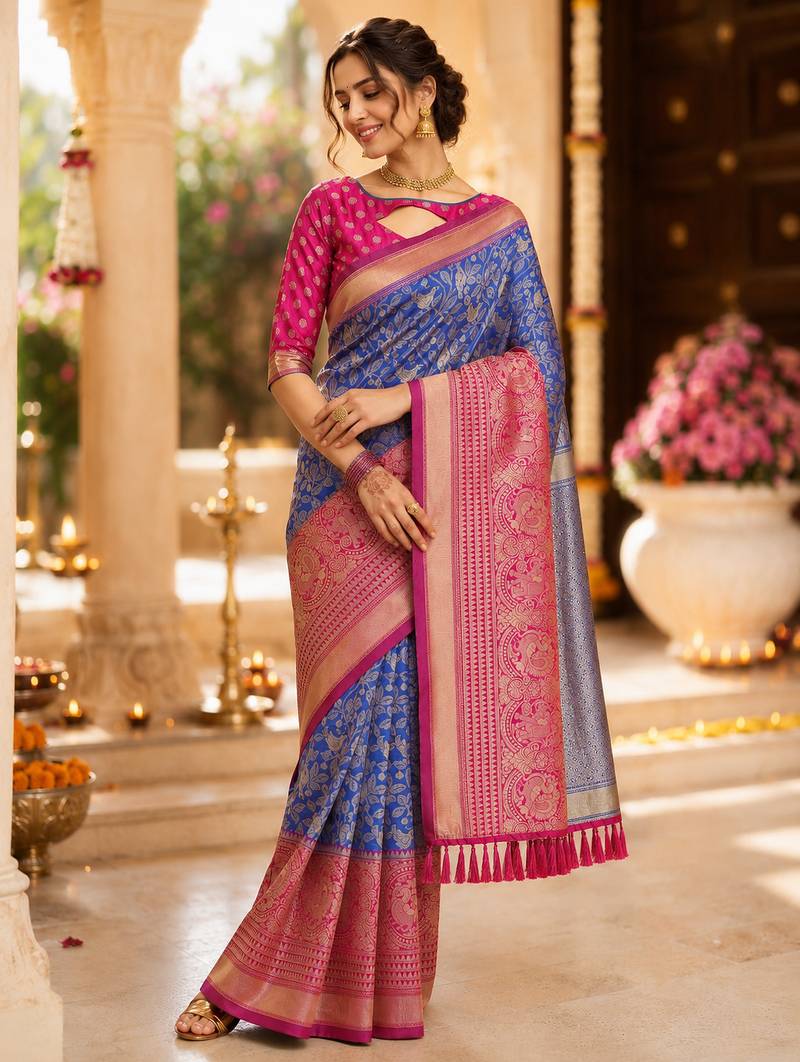 royal blue jacquard saree with silver zari weaving     elegant party wear ethnic saree