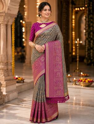 grey jacquard saree with silver zari weaving     elegant party wear ethnic saree 1