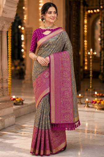 grey jacquard saree with silver zari weaving     elegant party wear ethnic saree