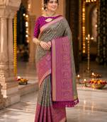 grey jacquard saree with silver zari weaving     elegant party wear ethnic saree